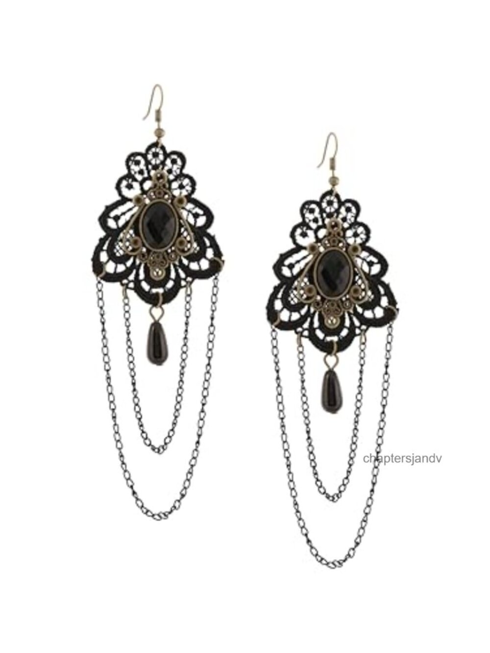 Victorian Black Floral Lace Teardrop Statement Earrings Gothic Vintage Dangle